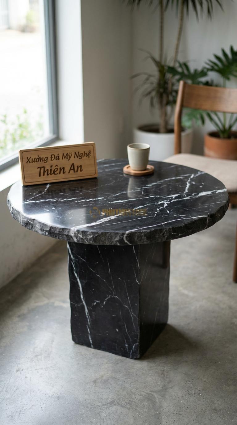 Bàn Cafe Đá Decor & Bistro Đá Đen Tia Chớp Đá Cuội Tròn: Mặt bàn mô phỏng viên đá cuội tự nhiên Đường kính 65cm x Cao 55cm