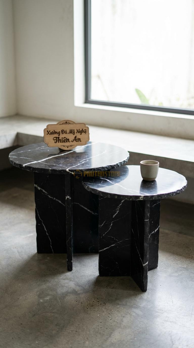 Bàn Cafe Đá Decor & Bistro Đá Đen Tia Chớp Đôi Bạn: Bộ 2 bàn đá cao thấp lồng vào nhau ĐK 40cm/50cm x Cao 45/55cm