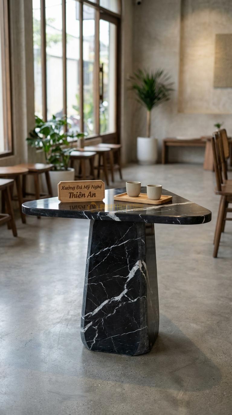 Bàn Cafe Đá Decor & Bistro Đá Đen Tia Chớp Tam Giác Bo: Mặt bàn hình tam giác cân bo tròn 3 góc Cạnh 60cm x Cao 75cm