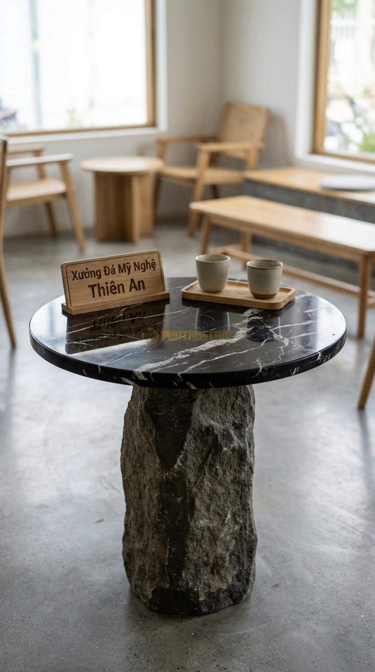 Bàn Cafe Đá Decor & Bistro Đá Đen Tia Chớp Trụ Đá Thô: Chân bàn là khối đá tự nhiên, mặt đá tròn Đường kính 55cm x Cao 60cm