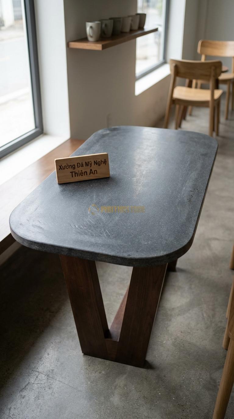 Bàn Cafe Đá Decor & Bistro Đá Granite Bàn Cafe Chân V: Mặt đá hình chữ nhật bo góc, chân gỗ chữ V 60cm x 80cm x Cao 75cm