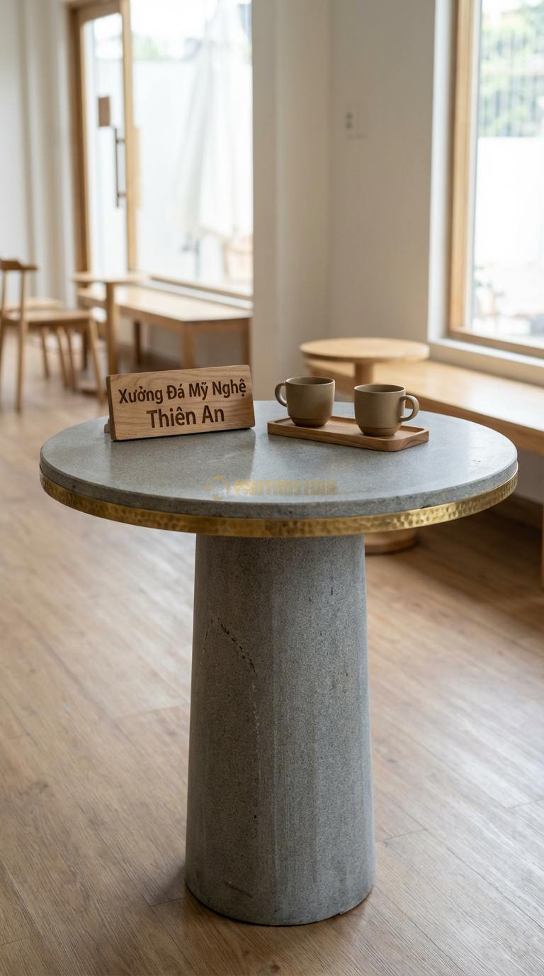 Bàn Cafe Đá Decor & Bistro Đá Granite Bàn Cafe Viền Đồng: Mặt đá mài bóng, nẹp viền đồng xung quanh Đường kính 60cm x Cao 75cm