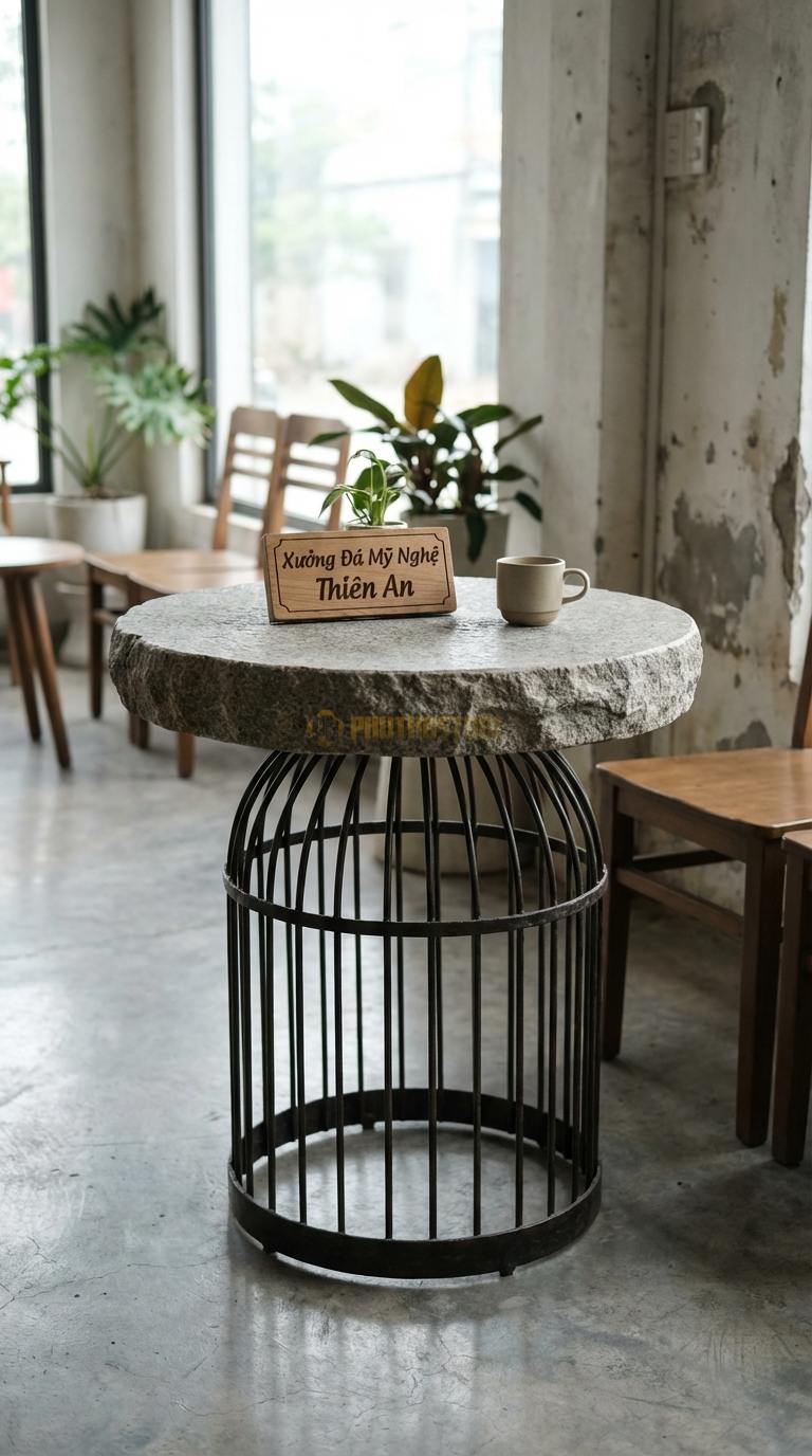 Bàn Cafe Đá Decor & Bistro Đá Granite Bàn Lồng Chim: Mặt đá tròn gắn trên khung sắt nghệ thuật Đường kính 50cm x Cao 65cm