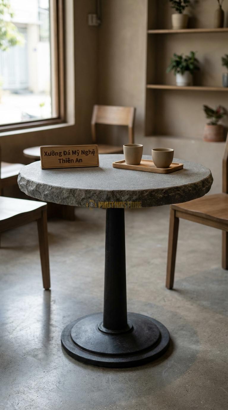 Bàn Cafe Đá Decor & Bistro Đá Granite Bistro Classic: Mặt tròn tối giản, chân trụ sắt đúc Đường kính 60cm x Cao 75cm