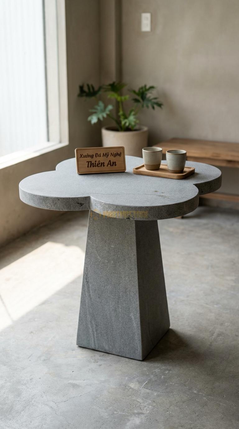Bàn Cafe Đá Decor & Bistro Đá Granite Cánh Hoa Đá: Mặt bàn tạo hình 4 cánh hoa mềm mại Đường kính 70cm x Cao 75cm