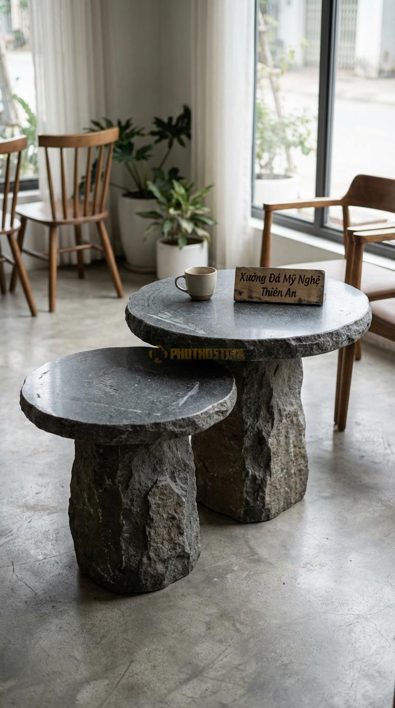 Bàn Cafe Đá Decor & Bistro Đá Granite Đôi Bạn: Bộ 2 bàn đá cao thấp lồng vào nhau ĐK 40cm/50cm x Cao 45/55cm