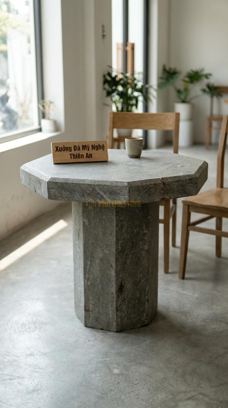 Bàn Cafe Đá Decor & Bistro Đá Granite Lục Giác Thạch: Mặt bàn cắt hình lục giác, cạnh mài vát Đường kính 55cm x Cao 60cm