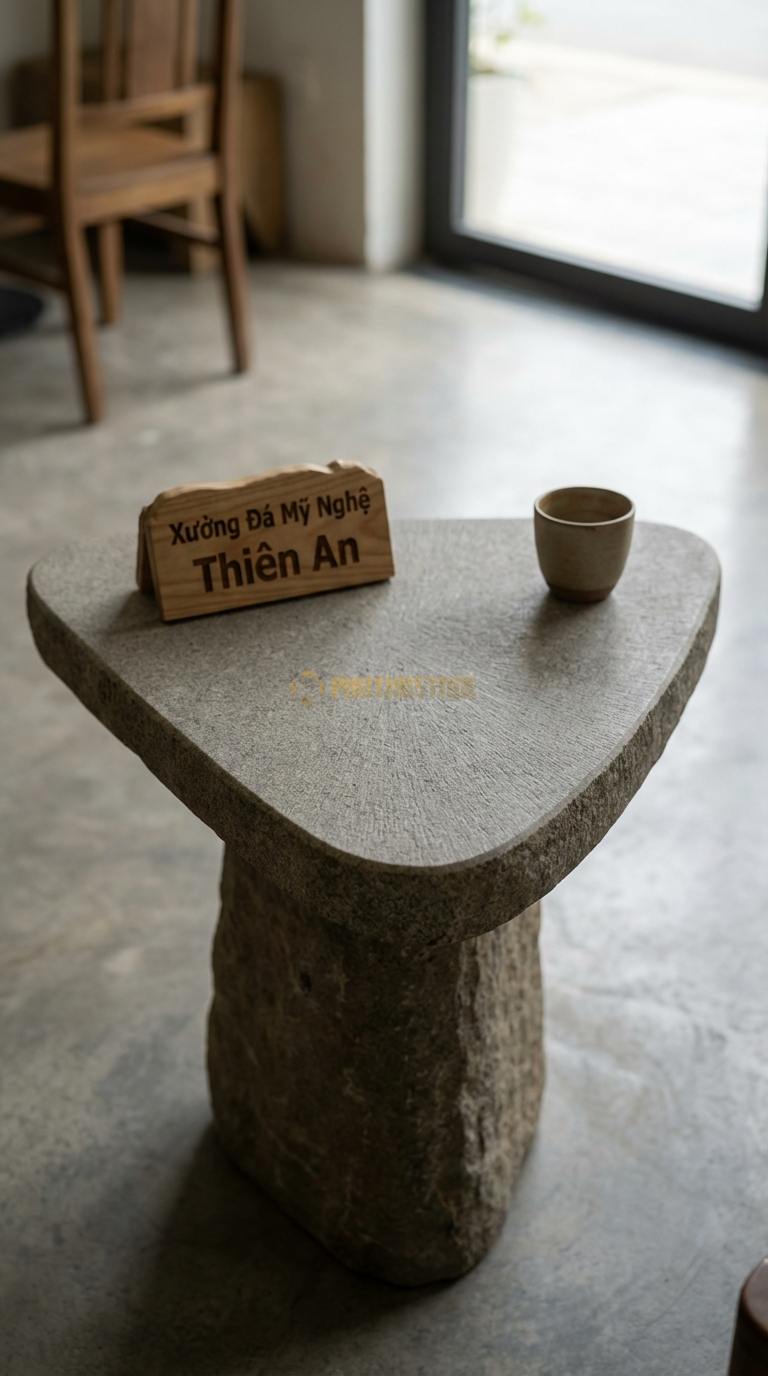 Bàn Cafe Đá Decor & Bistro Đá Granite Tam Giác Bo: Mặt bàn hình tam giác cân bo tròn 3 góc Cạnh 60cm x Cao 75cm