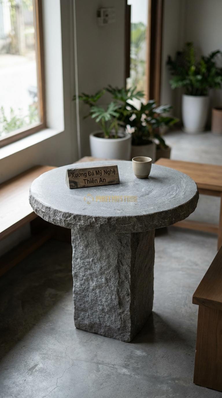 Bàn Cafe Đá Decor & Bistro Đá Granite Trụ Đá Thô: Chân bàn là khối đá tự nhiên, mặt đá tròn Đường kính 55cm x Cao 60cm