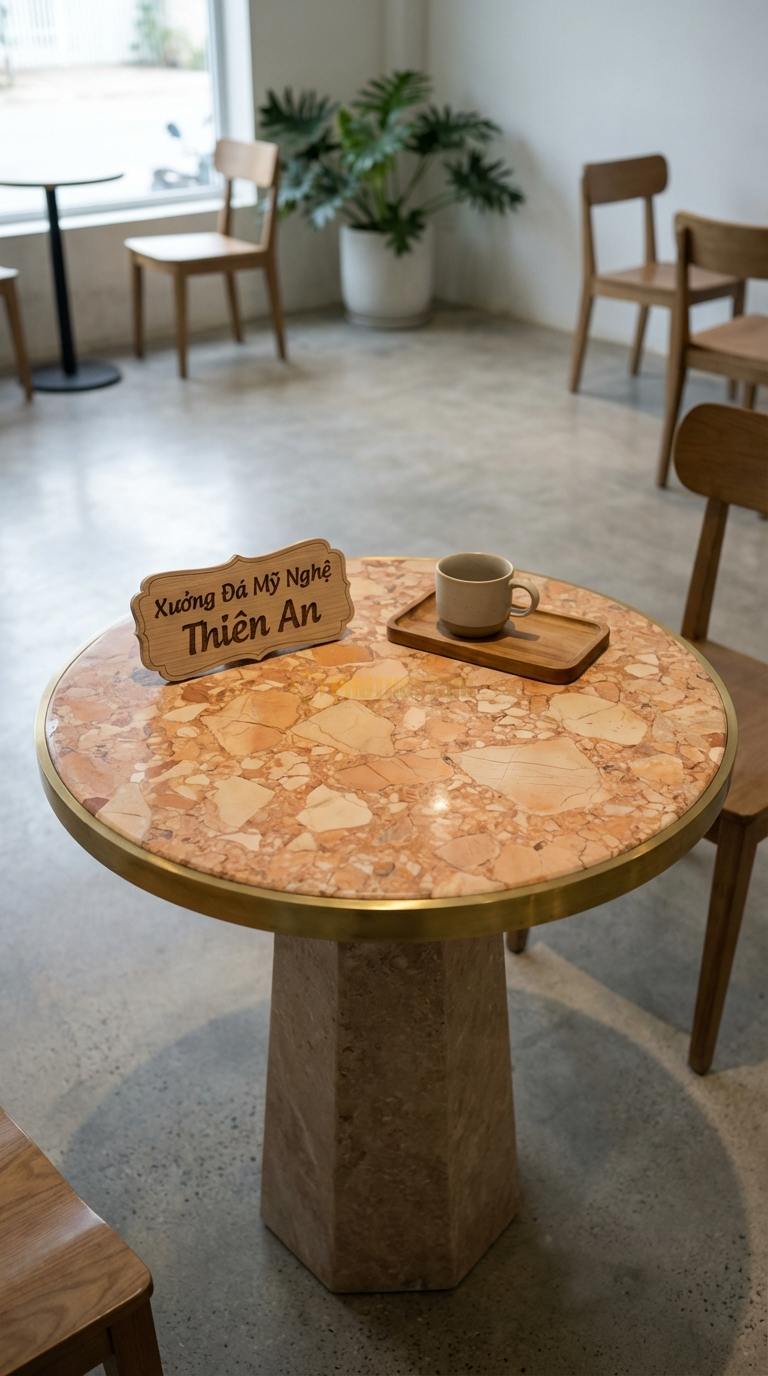 Bàn Cafe Đá Decor & Bistro Đá Hồng Bàn Cafe Viền Đồng: Mặt đá mài bóng, nẹp viền đồng xung quanh Đường kính 60cm x Cao 75cm