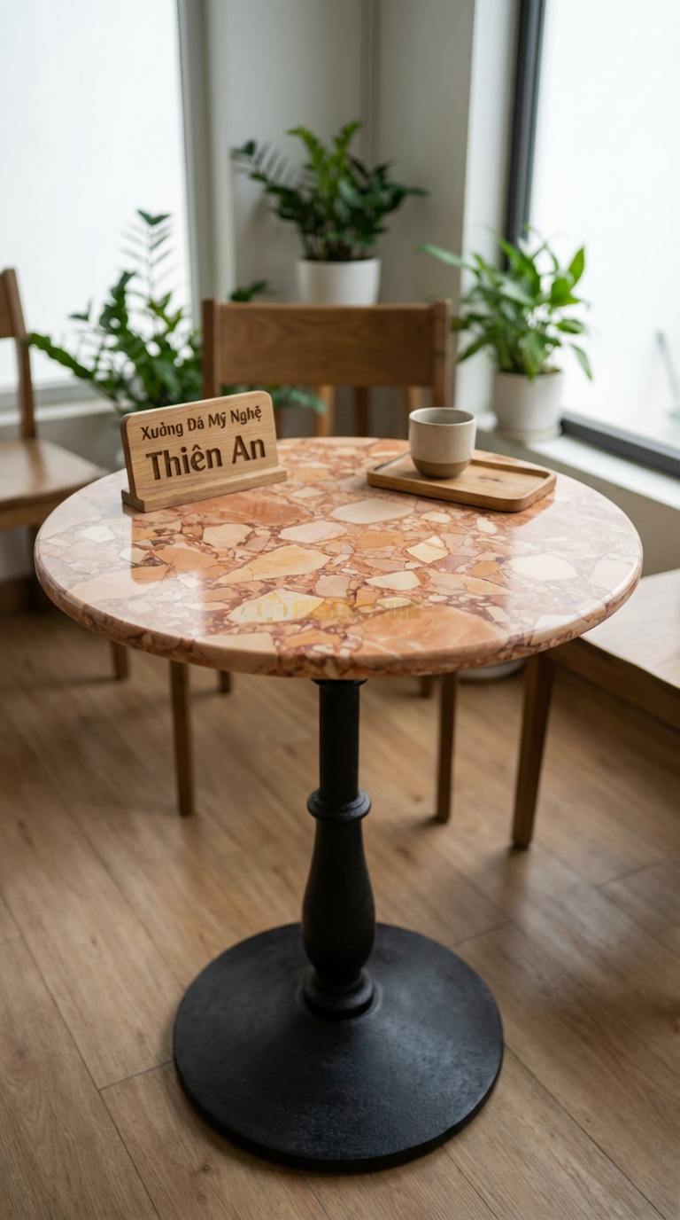Bàn Cafe Đá Decor & Bistro Đá Hồng Bistro Classic: Mặt tròn tối giản, chân trụ sắt đúc Đường kính 60cm x Cao 75cm