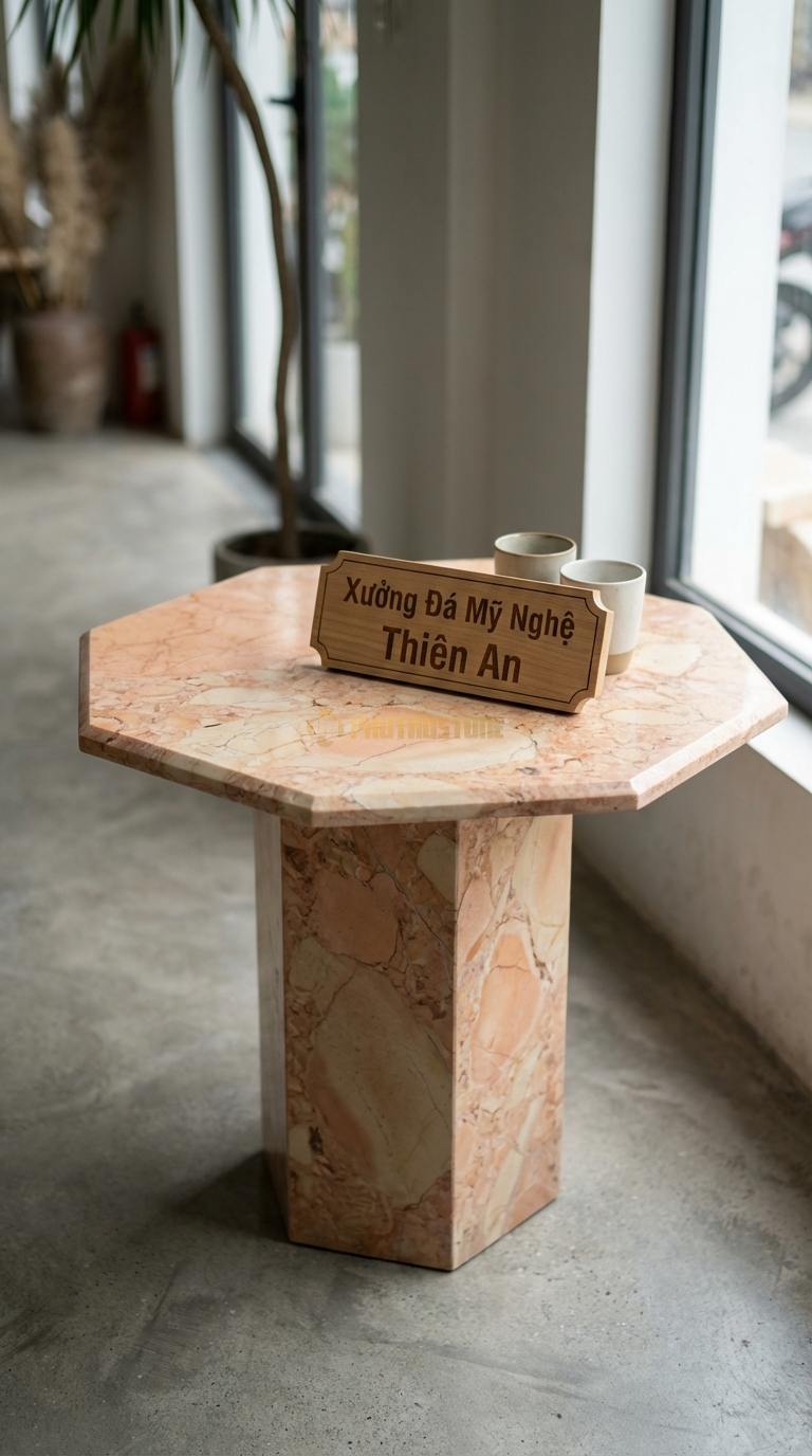 Bàn Cafe Đá Decor & Bistro Đá Hồng Lục Giác Thạch: Mặt bàn cắt hình lục giác, cạnh mài vát Đường kính 55cm x Cao 60cm