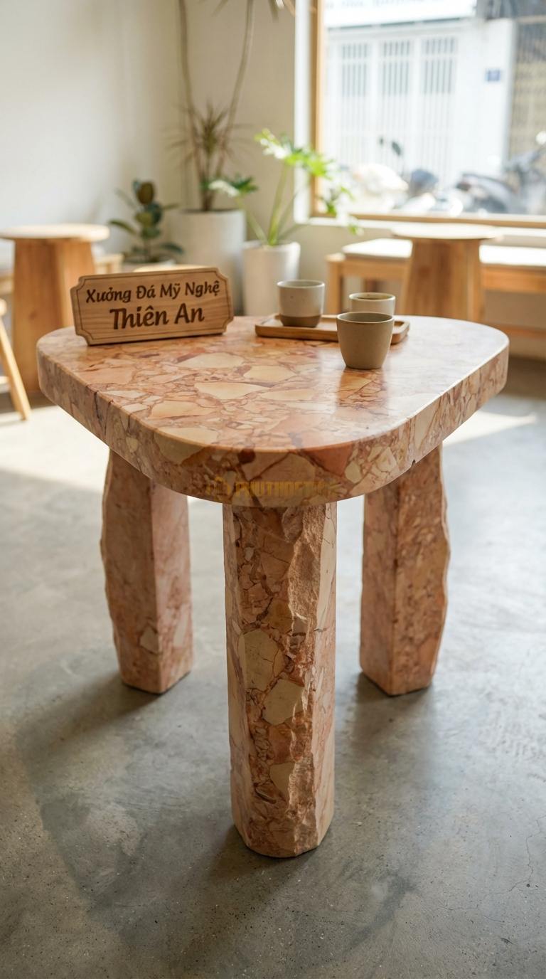 Bàn Cafe Đá Decor & Bistro Đá Hồng Tam Giác Bo: Mặt bàn hình tam giác cân bo tròn 3 góc Cạnh 60cm x Cao 75cm