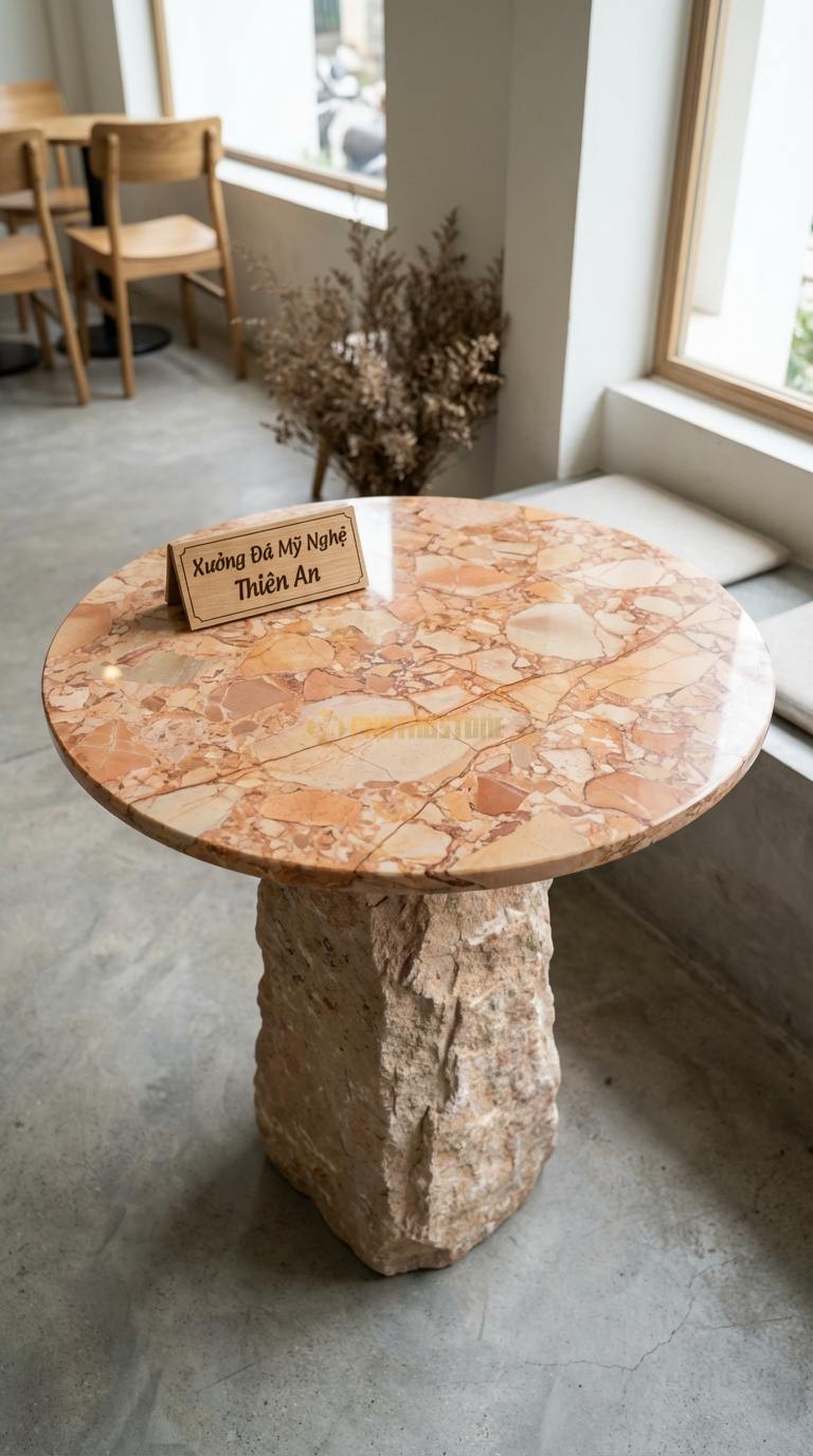 Bàn Cafe Đá Decor & Bistro Đá Hồng Trụ Đá Thô: Chân bàn là khối đá tự nhiên, mặt đá tròn Đường kính 55cm x Cao 60cm