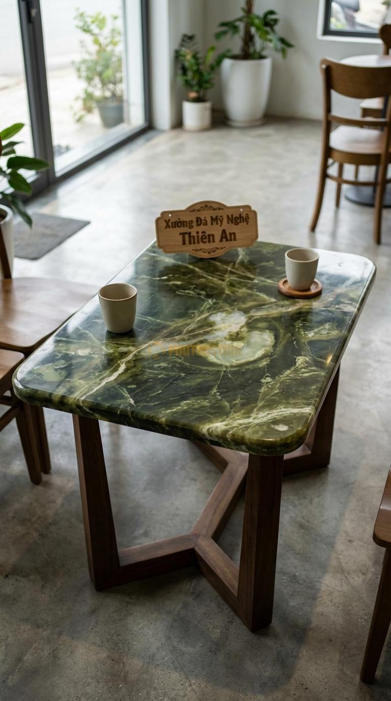Bàn Cafe Đá Decor & Bistro Đá Serpentine Bàn Cafe Chân V: Mặt đá hình chữ nhật bo góc, chân gỗ chữ V 60cm x 80cm x Cao 75cm