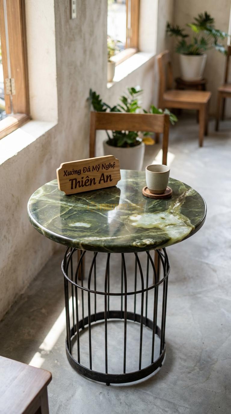 Bàn Cafe Đá Decor & Bistro Đá Serpentine Bàn Lồng Chim: Mặt đá tròn gắn trên khung sắt nghệ thuật Đường kính 50cm x Cao 65cm