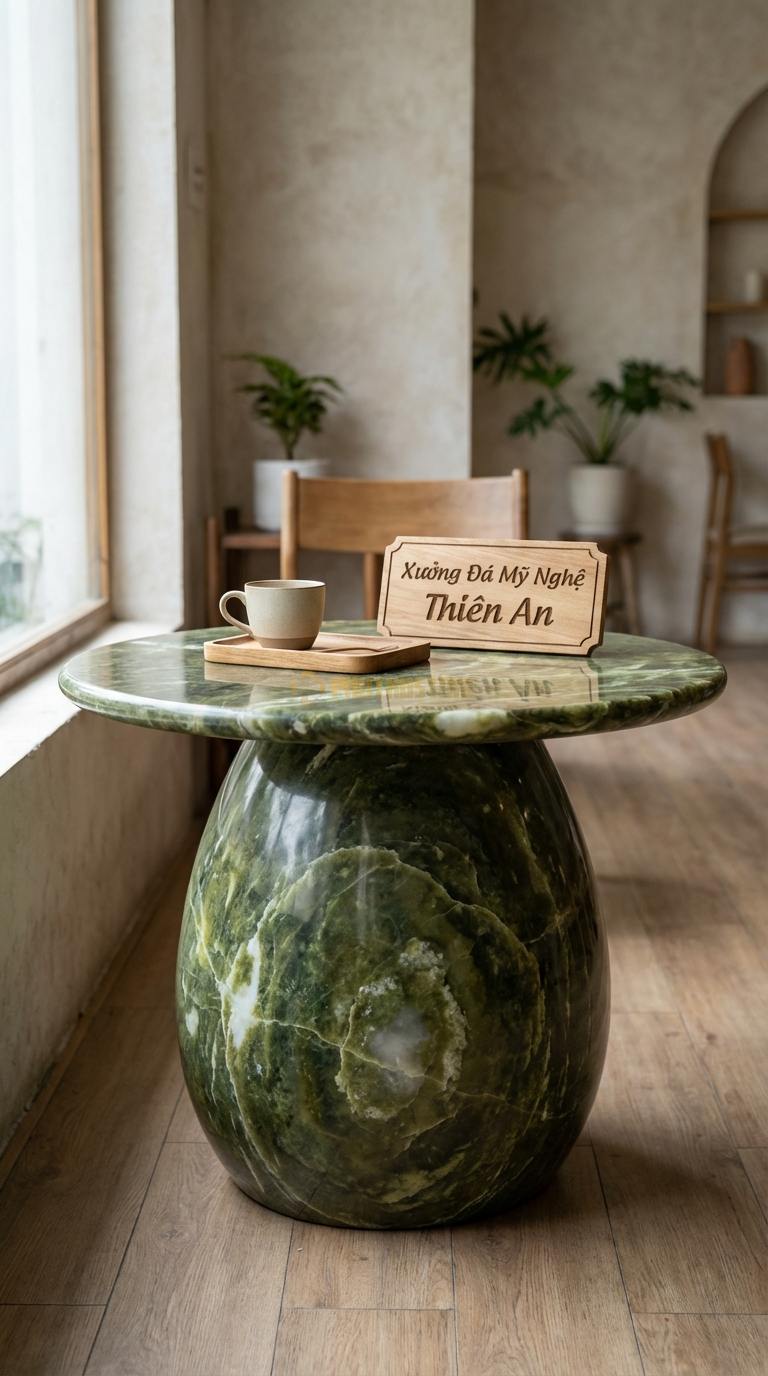 Bàn Cafe Đá Decor & Bistro Đá Serpentine Đá Cuội Tròn: Mặt bàn mô phỏng viên đá cuội tự nhiên Đường kính 65cm x Cao 55cm