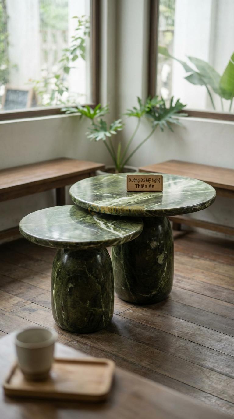Bàn Cafe Đá Decor & Bistro Đá Serpentine Đôi Bạn: Bộ 2 bàn đá cao thấp lồng vào nhau ĐK 40cm/50cm x Cao 45/55cm