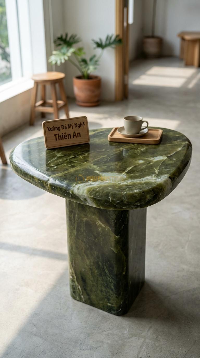 Bàn Cafe Đá Decor & Bistro Đá Serpentine Tam Giác Bo: Mặt bàn hình tam giác cân bo tròn 3 góc Cạnh 60cm x Cao 75cm
