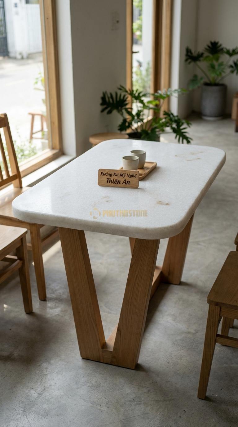 Bàn Cafe Đá Decor & Bistro Đá Trắng Muối Bàn Cafe Chân V: Mặt đá hình chữ nhật bo góc, chân gỗ chữ V 60cm x 80cm x Cao 75cm