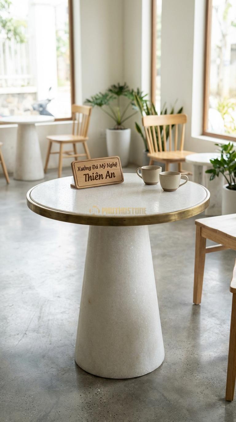 Bàn Cafe Đá Decor & Bistro Đá Trắng Muối Bàn Cafe Viền Đồng: Mặt đá mài bóng, nẹp viền đồng xung quanh Đường kính 60cm x Cao 75cm