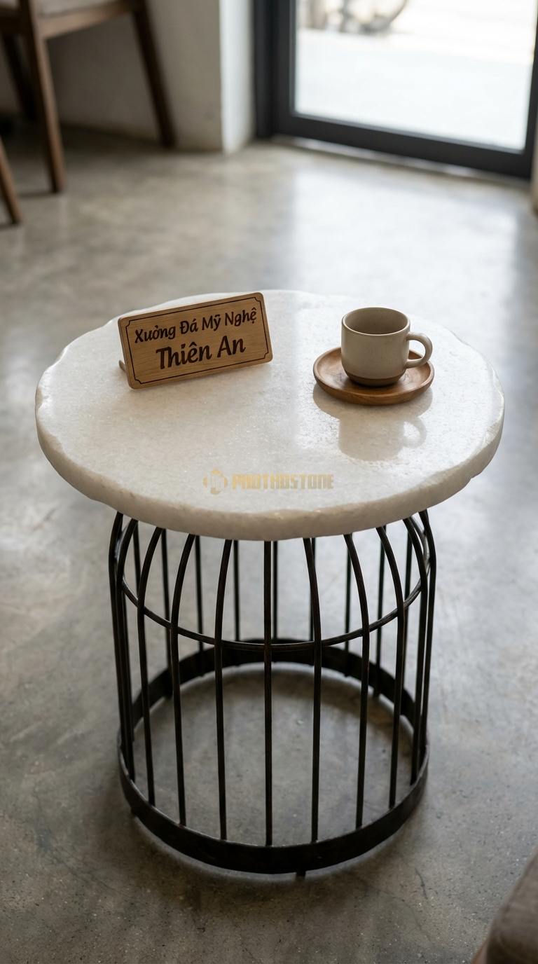 Bàn Cafe Đá Decor & Bistro Đá Trắng Muối Bàn Lồng Chim: Mặt đá tròn gắn trên khung sắt nghệ thuật Đường kính 50cm x Cao 65cm
