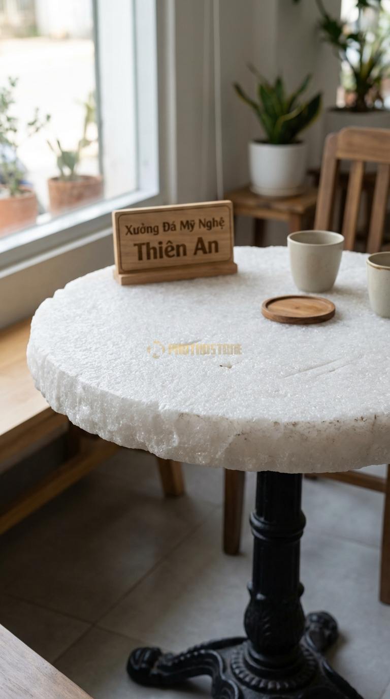 Bàn Cafe Đá Decor & Bistro Đá Trắng Muối Bistro Classic: Mặt tròn tối giản, chân trụ sắt đúc Đường kính 60cm x Cao 75cm