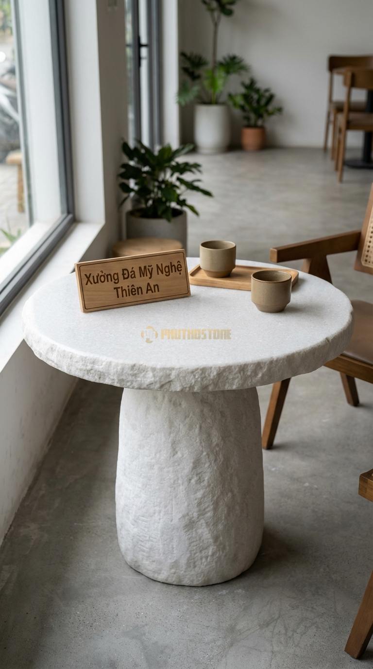 Bàn Cafe Đá Decor & Bistro Đá Trắng Muối Đá Cuội Tròn: Mặt bàn mô phỏng viên đá cuội tự nhiên Đường kính 65cm x Cao 55cm