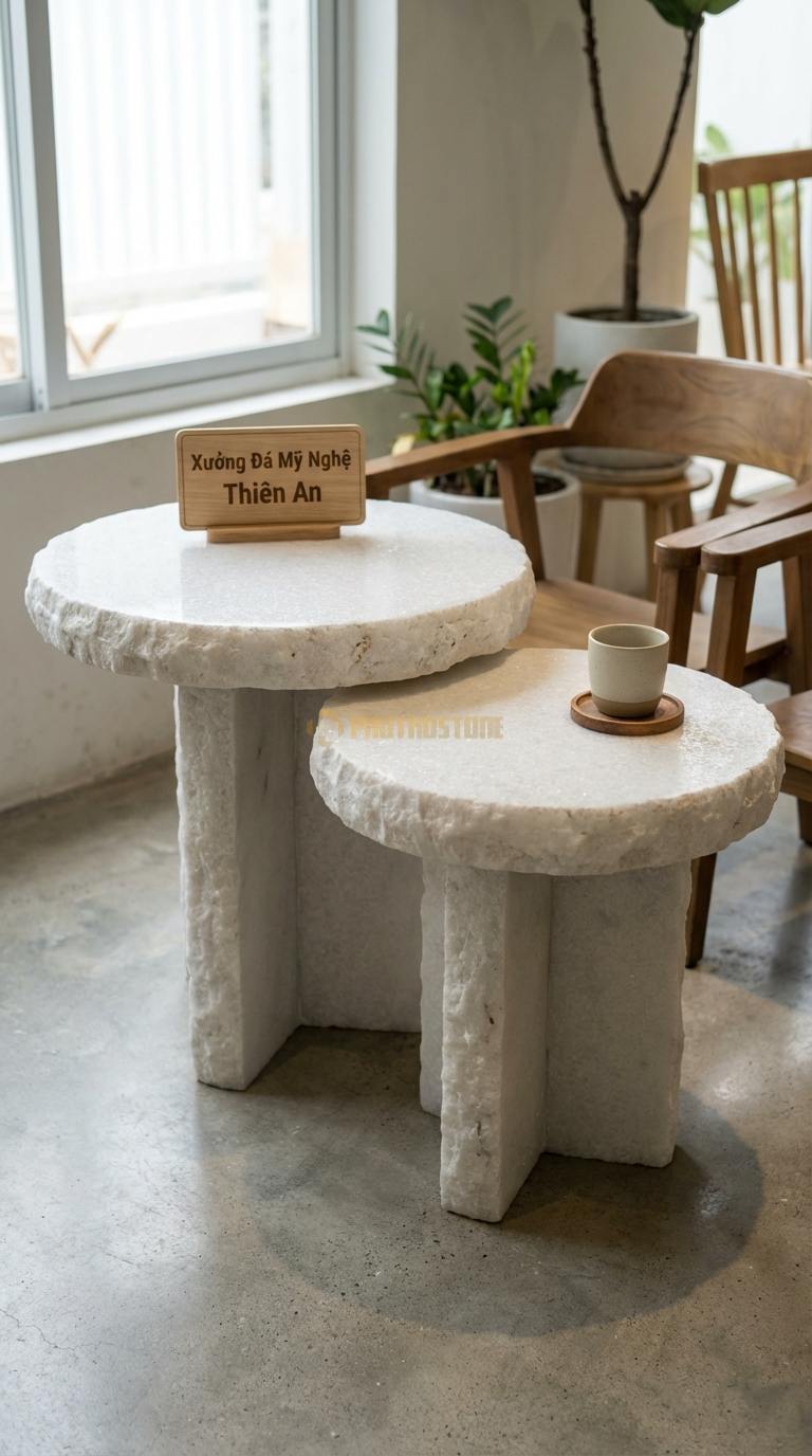Bàn Cafe Đá Decor & Bistro Đá Trắng Muối Đôi Bạn: Bộ 2 bàn đá cao thấp lồng vào nhau ĐK 40cm/50cm x Cao 45/55cm