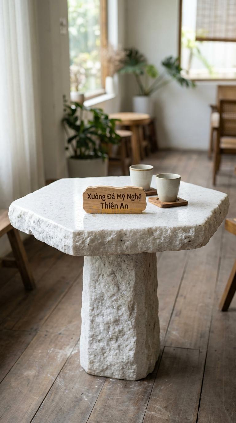 Bàn Cafe Đá Decor & Bistro Đá Trắng Muối Lục Giác Thạch: Mặt bàn cắt hình lục giác, cạnh mài vát Đường kính 55cm x Cao 60cm