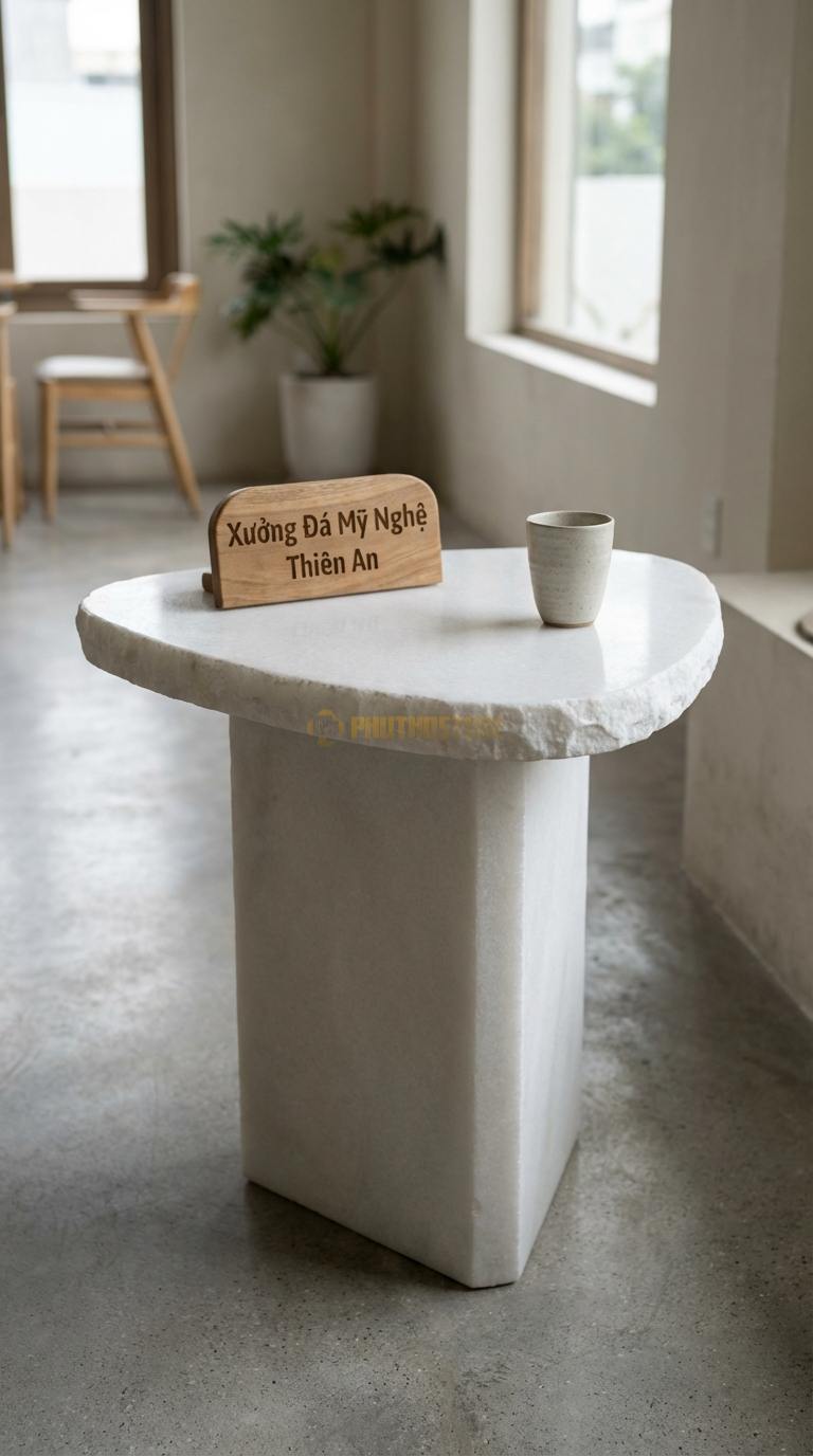 Bàn Cafe Đá Decor & Bistro Đá Trắng Muối Tam Giác Bo: Mặt bàn hình tam giác cân bo tròn 3 góc Cạnh 60cm x Cao 75cm