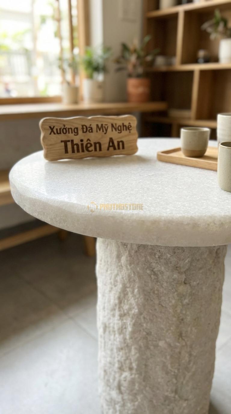 Bàn Cafe Đá Decor & Bistro Đá Trắng Muối Trụ Đá Thô: Chân bàn là khối đá tự nhiên, mặt đá tròn Đường kính 55cm x Cao 60cm