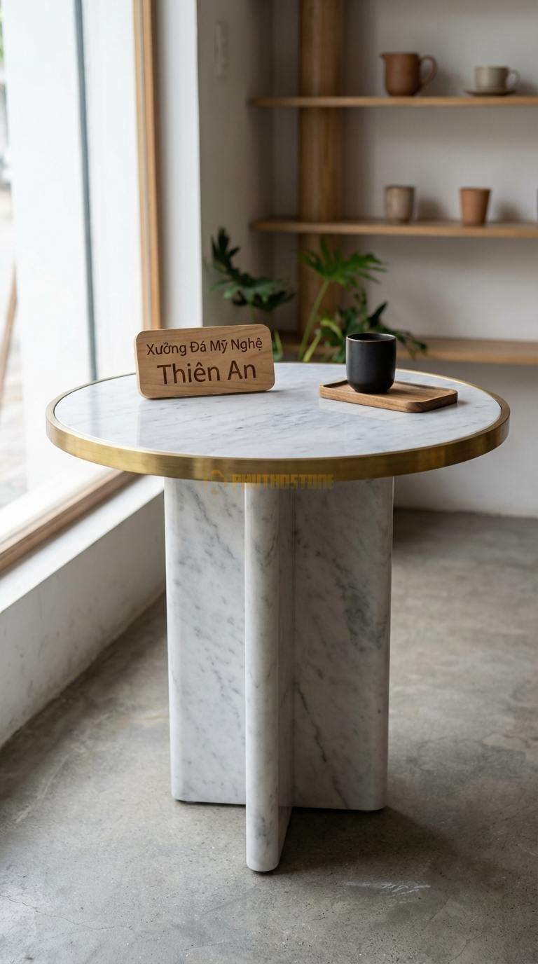 Bàn Cafe Đá Decor & Bistro Đá Trắng Yên Bái Bàn Cafe Viền Đồng: Mặt đá mài bóng, nẹp viền đồng xung quanh Đường kính 60cm x Cao 75cm