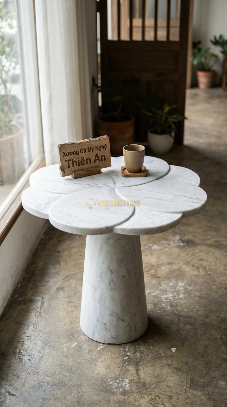 Bàn Cafe Đá Decor & Bistro Đá Trắng Yên Bái Cánh Hoa Đá: Mặt bàn tạo hình 4 cánh hoa mềm mại Đường kính 70cm x Cao 75cm