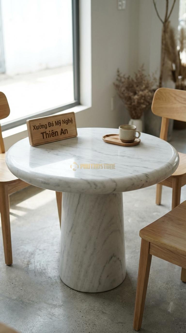 Bàn Cafe Đá Decor & Bistro Đá Trắng Yên Bái Đá Cuội Tròn: Mặt bàn mô phỏng viên đá cuội tự nhiên Đường kính 65cm x Cao 55cm
