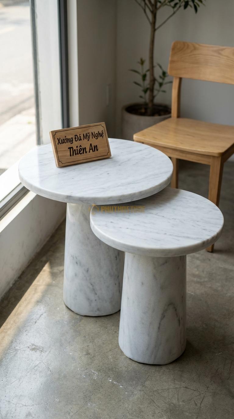 Bàn Cafe Đá Decor & Bistro Đá Trắng Yên Bái Đôi Bạn: Bộ 2 bàn đá cao thấp lồng vào nhau ĐK 40cm/50cm x Cao 45/55cm