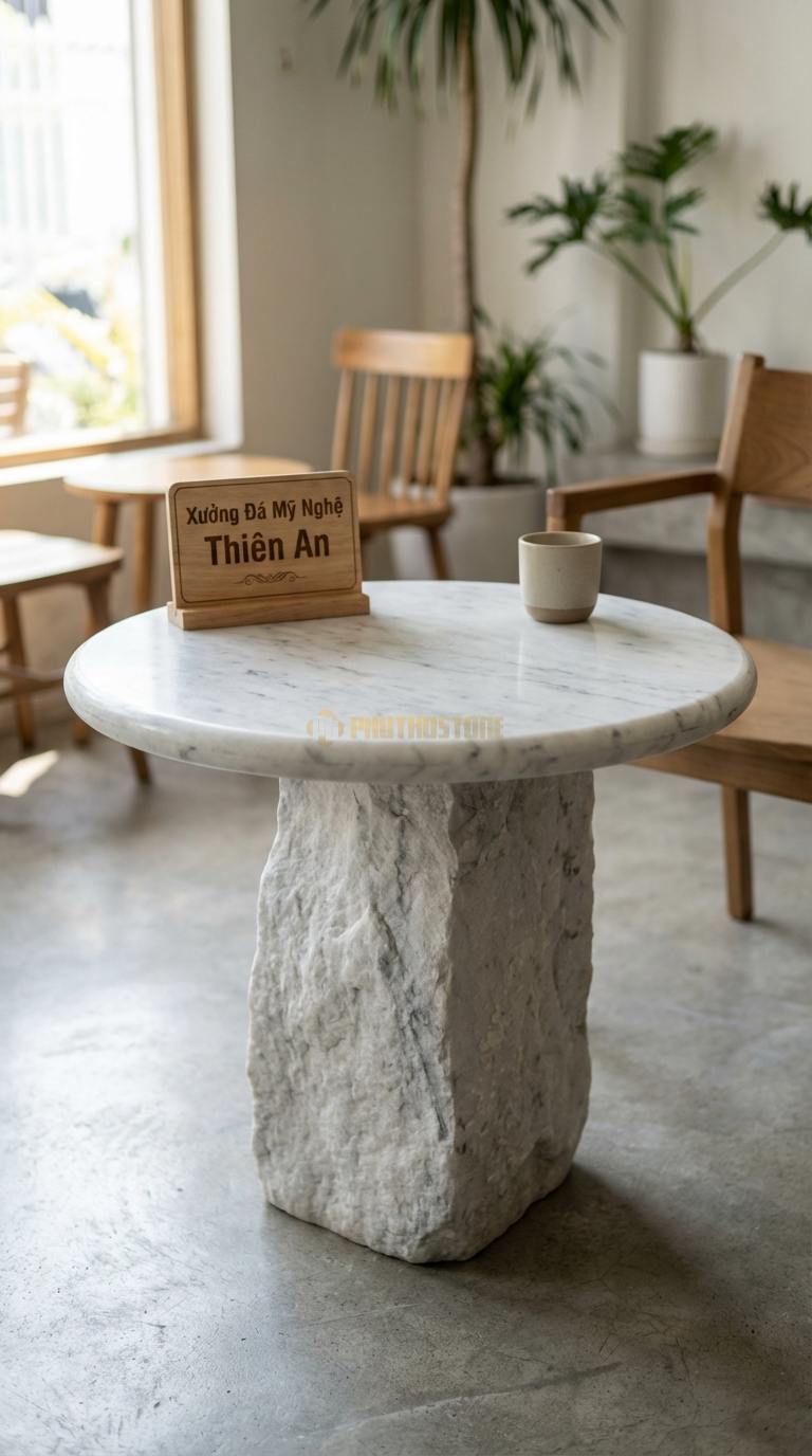 Bàn Cafe Đá Decor & Bistro Đá Trắng Yên Bái Trụ Đá Thô: Chân bàn là khối đá tự nhiên, mặt đá tròn Đường kính 55cm x Cao 60cm
