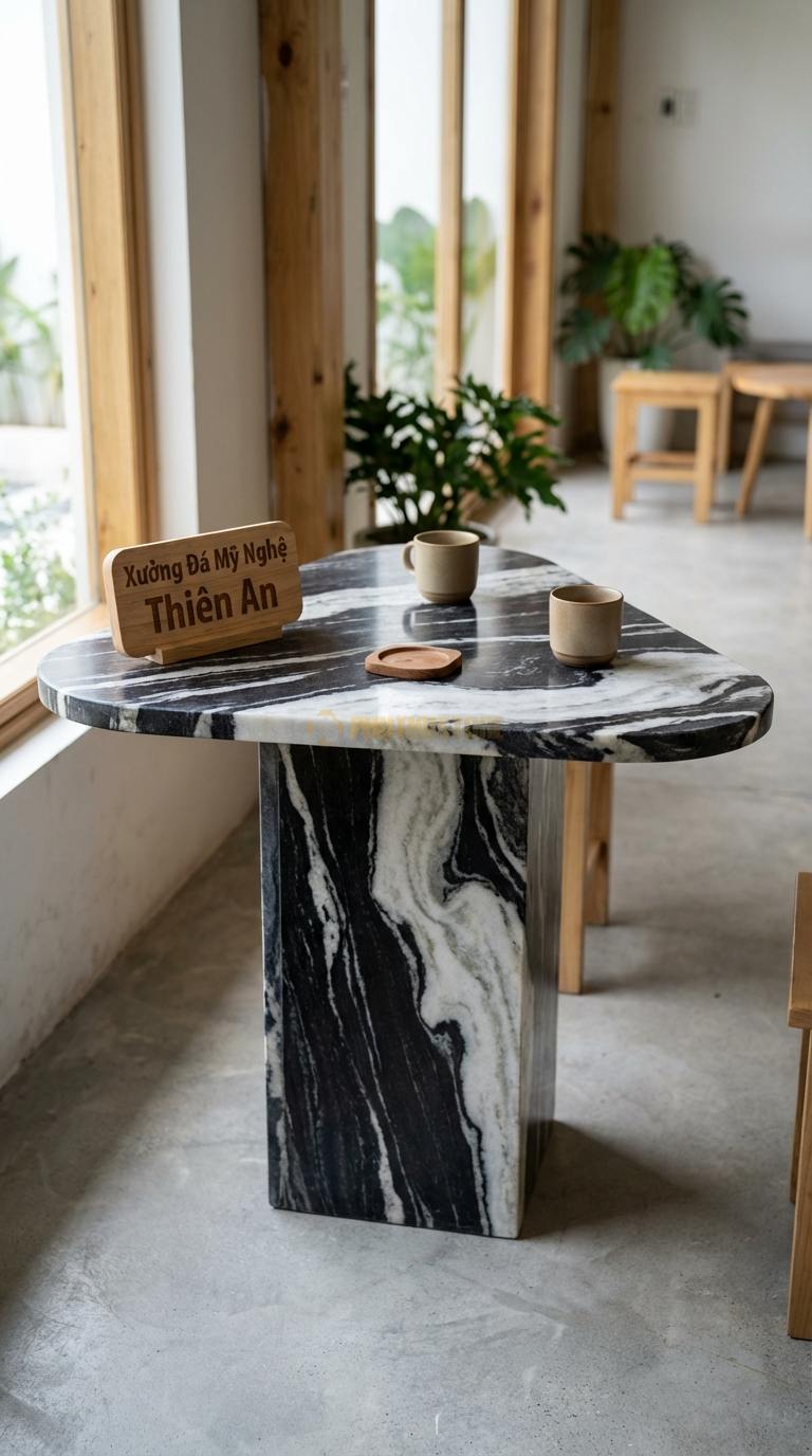 Bàn Cafe Đá Decor & Bistro Đá Tuyết Sơn Tam Giác Bo: Mặt bàn hình tam giác cân bo tròn 3 góc Cạnh 60cm x Cao 75cm
