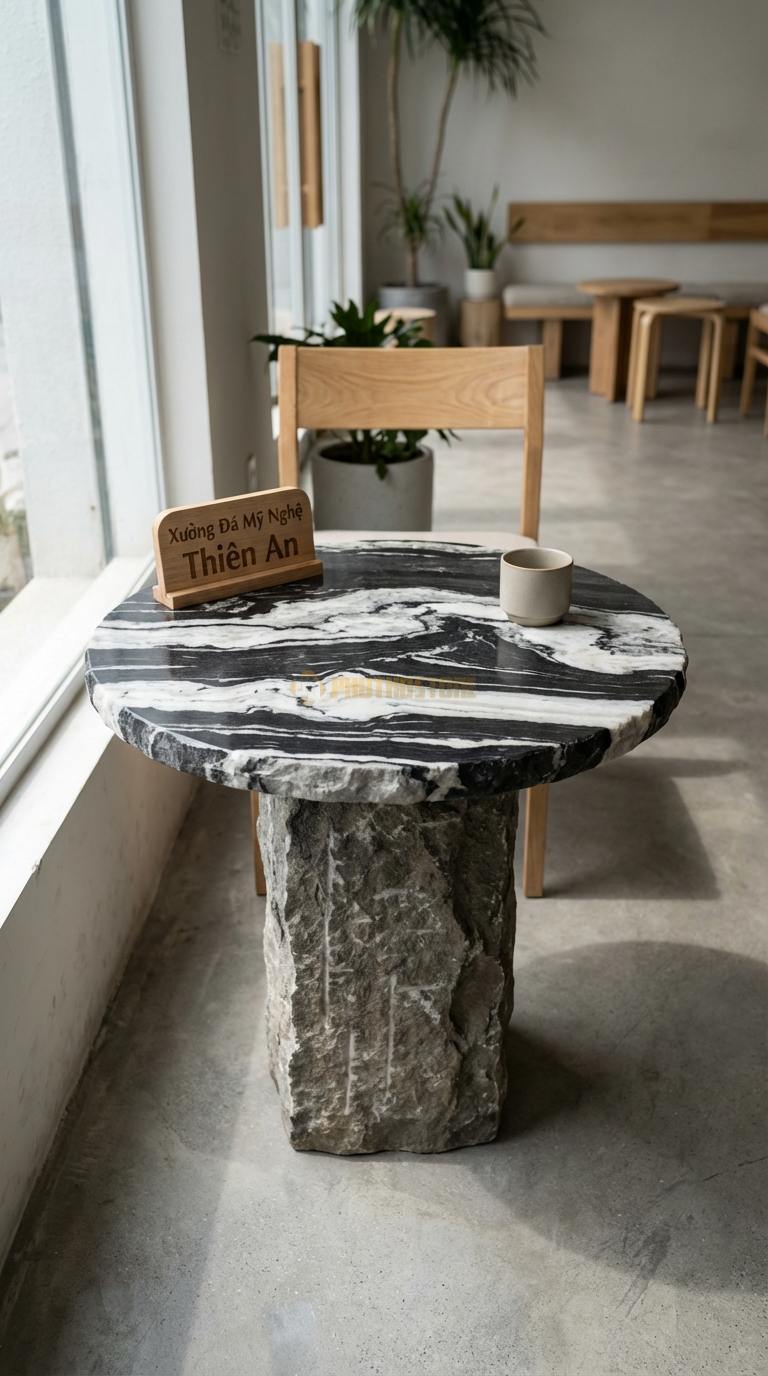 Bàn Cafe Đá Decor & Bistro Đá Tuyết Sơn Trụ Đá Thô: Chân bàn là khối đá tự nhiên, mặt đá tròn Đường kính 55cm x Cao 60cm