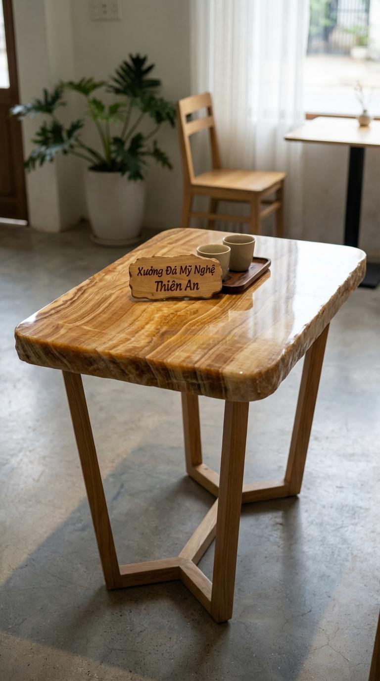 Bàn Cafe Đá Decor & Bistro Đá Vân Gỗ Bàn Cafe Chân V: Mặt đá hình chữ nhật bo góc, chân gỗ chữ V 60cm x 80cm x Cao 75cm