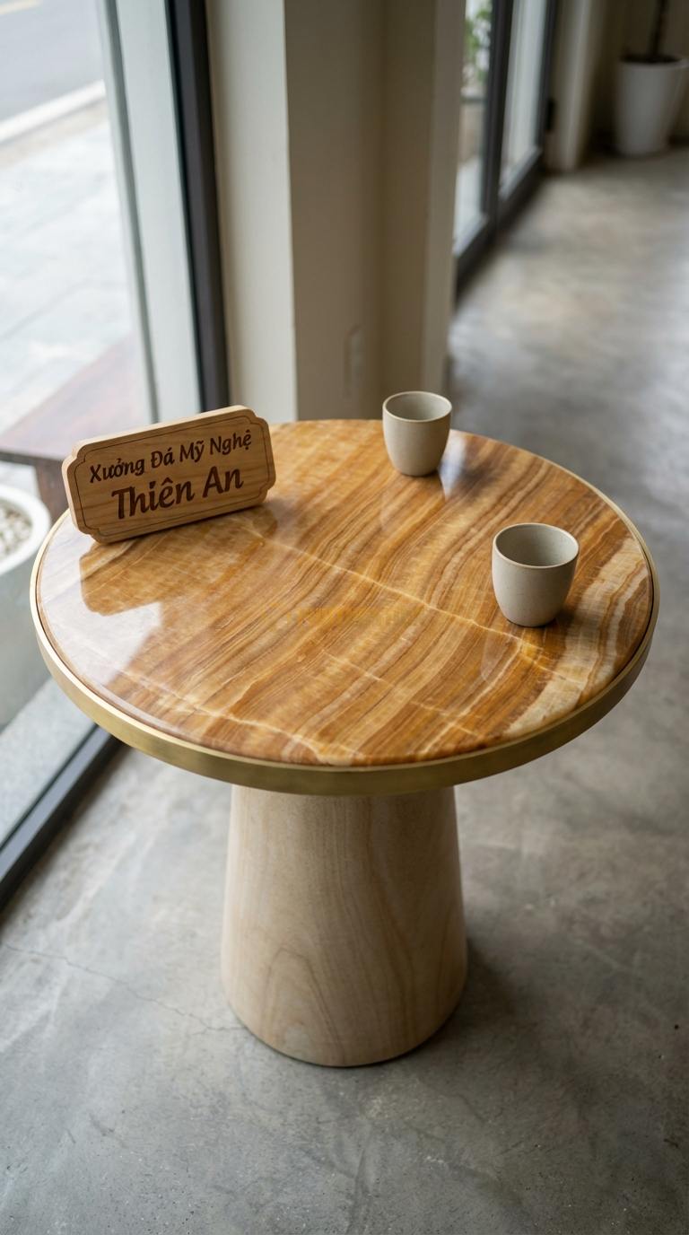 Bàn Cafe Đá Decor & Bistro Đá Vân Gỗ Bàn Cafe Viền Đồng: Mặt đá mài bóng, nẹp viền đồng xung quanh Đường kính 60cm x Cao 75cm