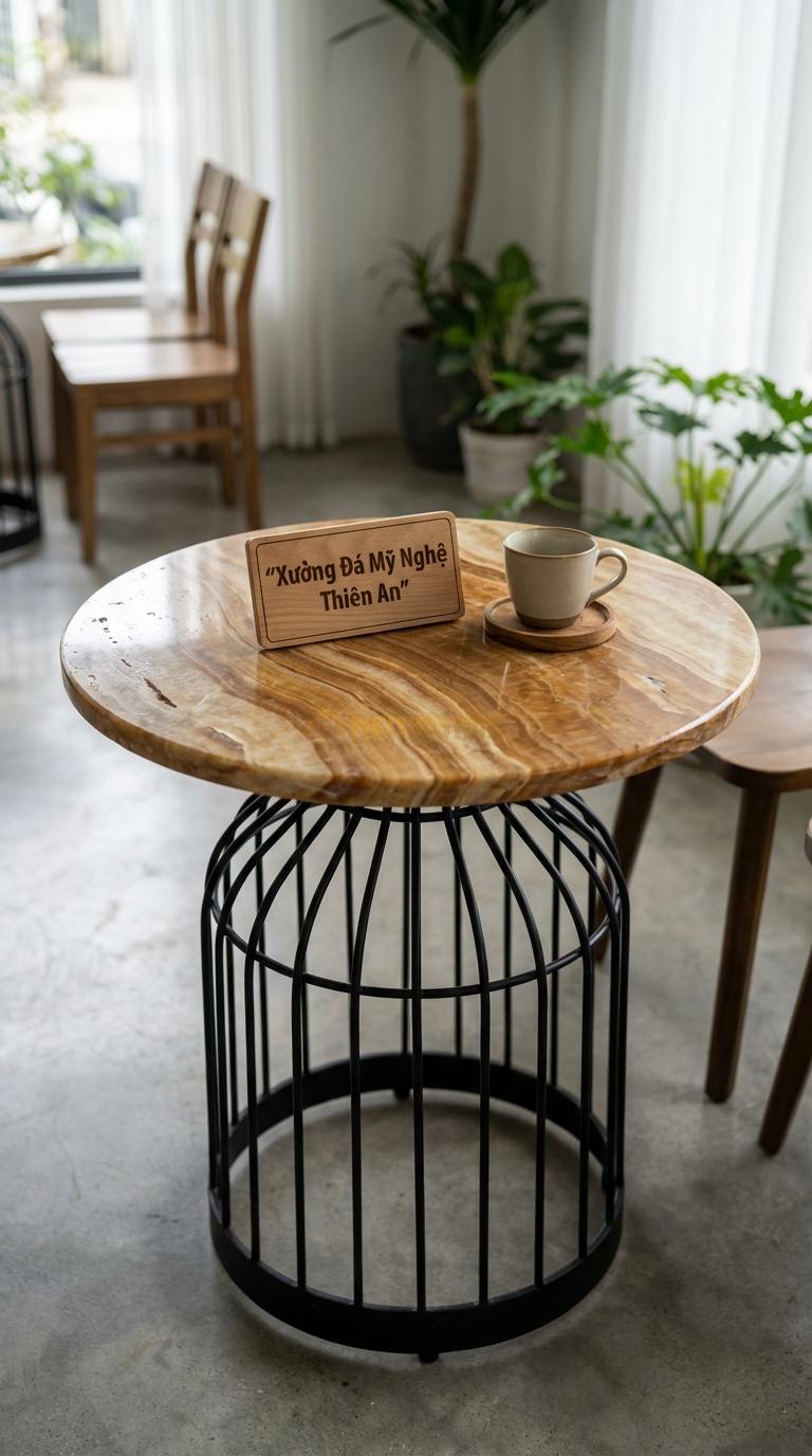 Bàn Cafe Đá Decor & Bistro Đá Vân Gỗ Bàn Lồng Chim: Mặt đá tròn gắn trên khung sắt nghệ thuật Đường kính 50cm x Cao 65cm
