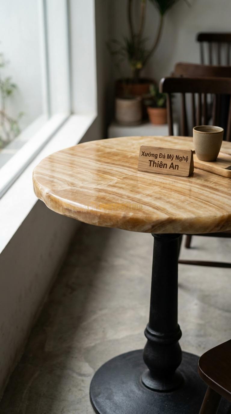 Bàn Cafe Đá Decor & Bistro Đá Vân Gỗ Bistro Classic: Mặt tròn tối giản, chân trụ sắt đúc Đường kính 60cm x Cao 75cm