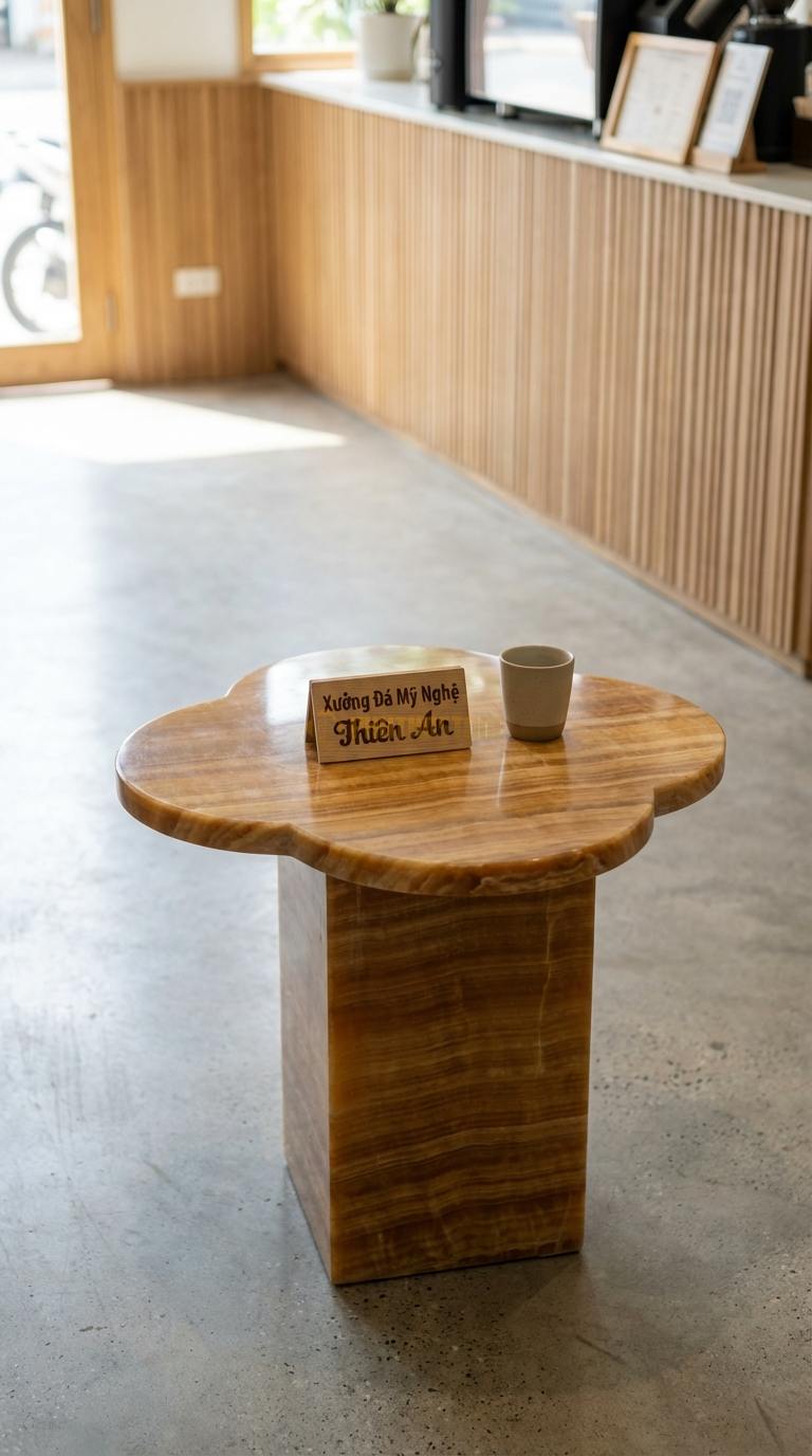 Bàn Cafe Đá Decor & Bistro Đá Vân Gỗ Cánh Hoa Đá: Mặt bàn tạo hình 4 cánh hoa mềm mại Đường kính 70cm x Cao 75cm