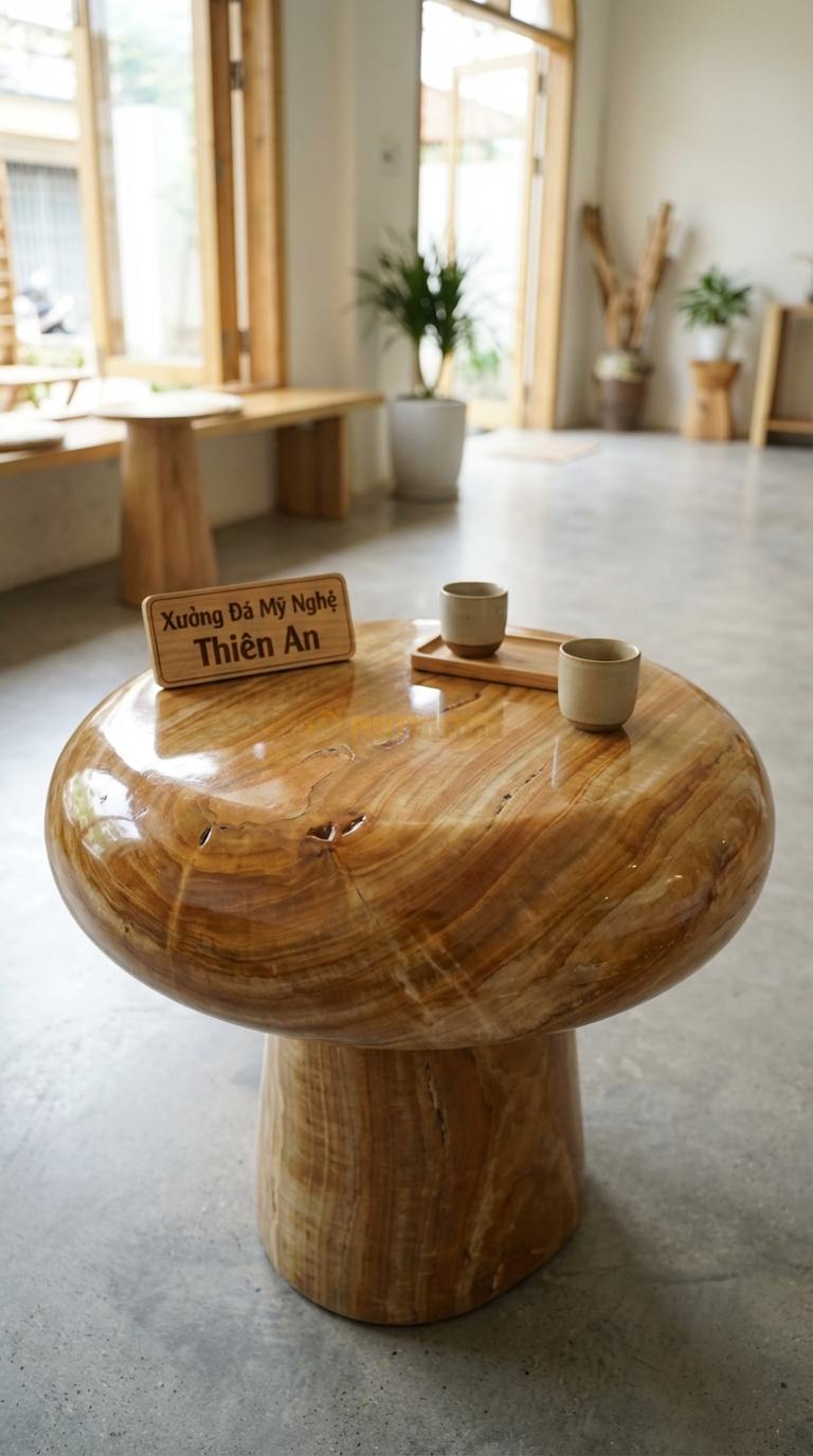 Bàn Cafe Đá Decor & Bistro Đá Vân Gỗ Đá Cuội Tròn: Mặt bàn mô phỏng viên đá cuội tự nhiên Đường kính 65cm x Cao 55cm