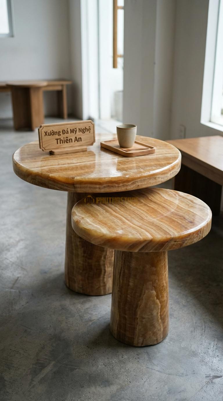 Bàn Cafe Đá Decor & Bistro Đá Vân Gỗ Đôi Bạn: Bộ 2 bàn đá cao thấp lồng vào nhau ĐK 40cm/50cm x Cao 45/55cm