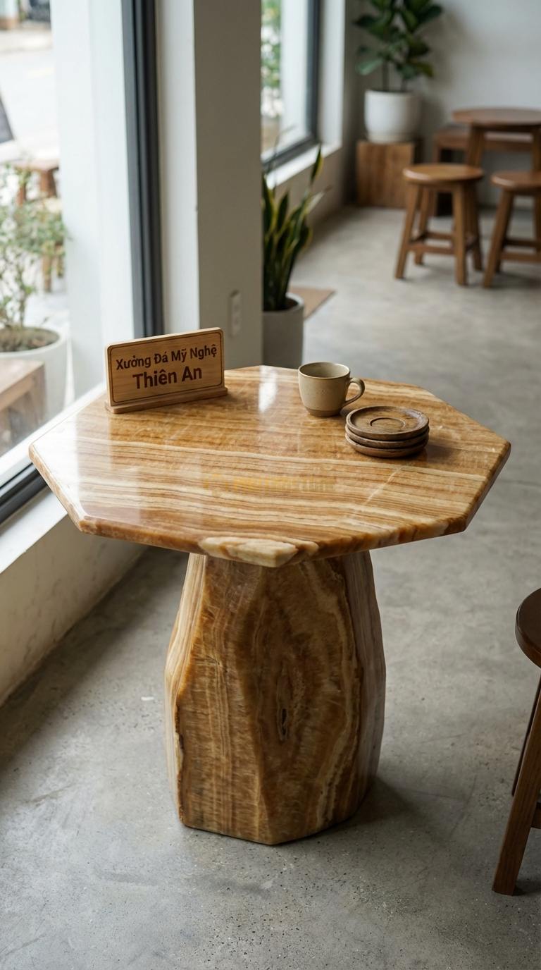 Bàn Cafe Đá Decor & Bistro Đá Vân Gỗ Lục Giác Thạch: Mặt bàn cắt hình lục giác, cạnh mài vát Đường kính 55cm x Cao 60cm