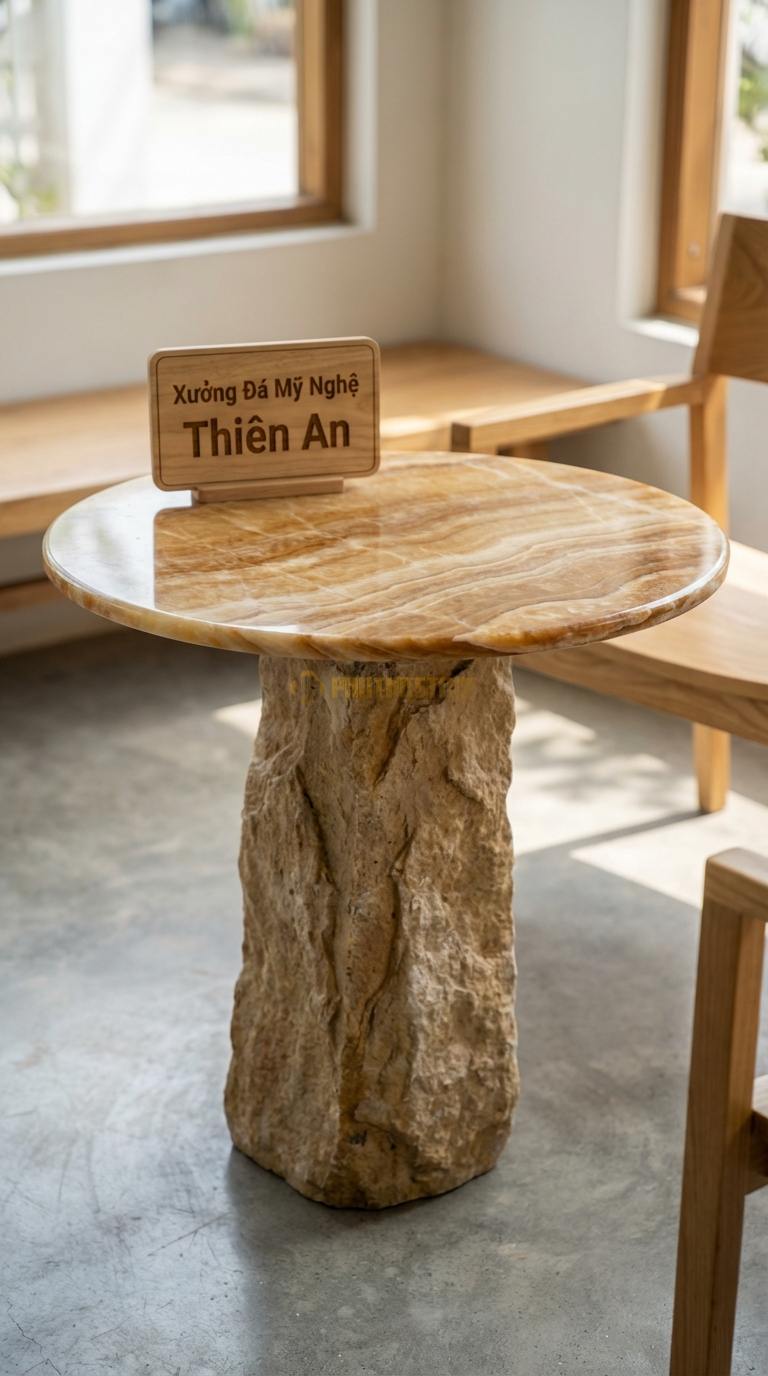 Bàn Cafe Đá Decor & Bistro Đá Vân Gỗ Trụ Đá Thô: Chân bàn là khối đá tự nhiên, mặt đá tròn Đường kính 55cm x Cao 60cm