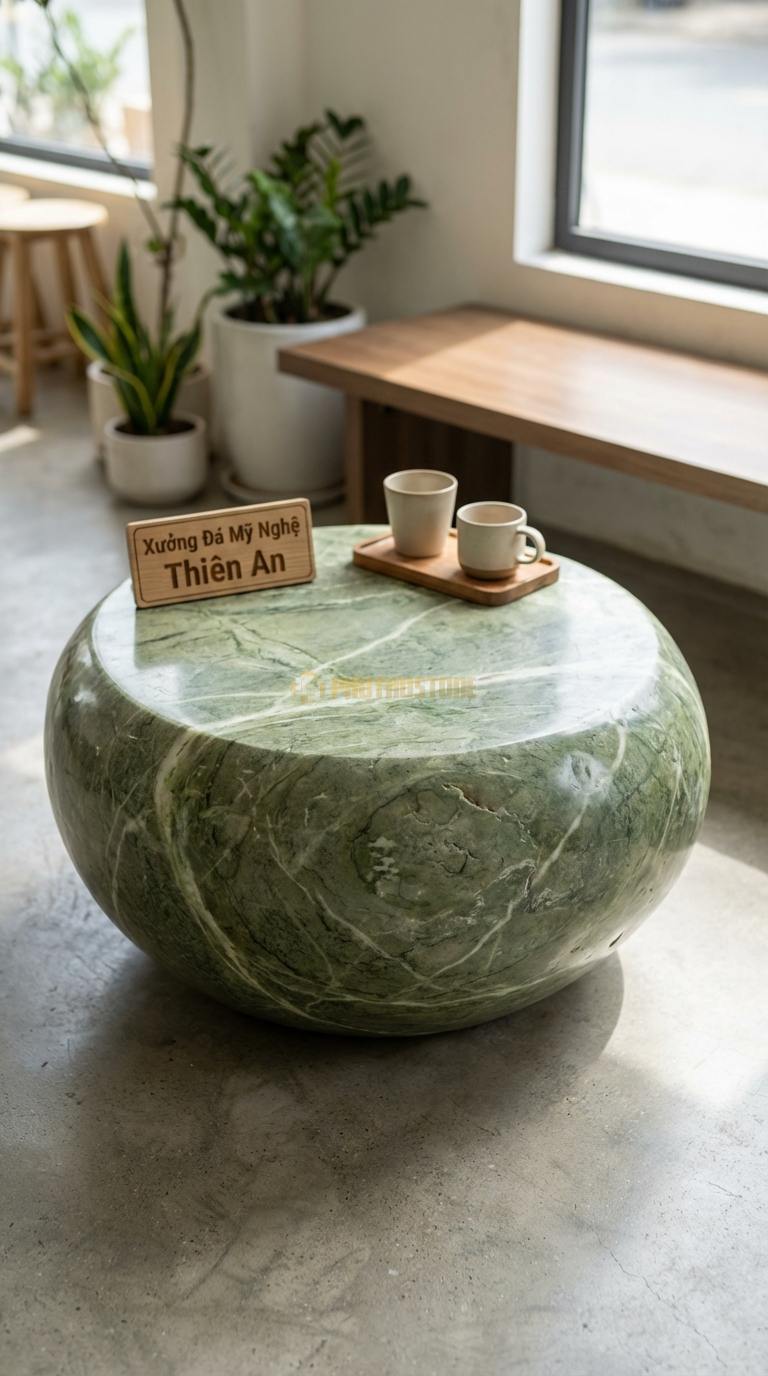 Bàn Cafe Đá Decor & Bistro Đá Xanh Ấn Đá Cuội Tròn: Mặt bàn mô phỏng viên đá cuội tự nhiên Đường kính 65cm x Cao 55cm