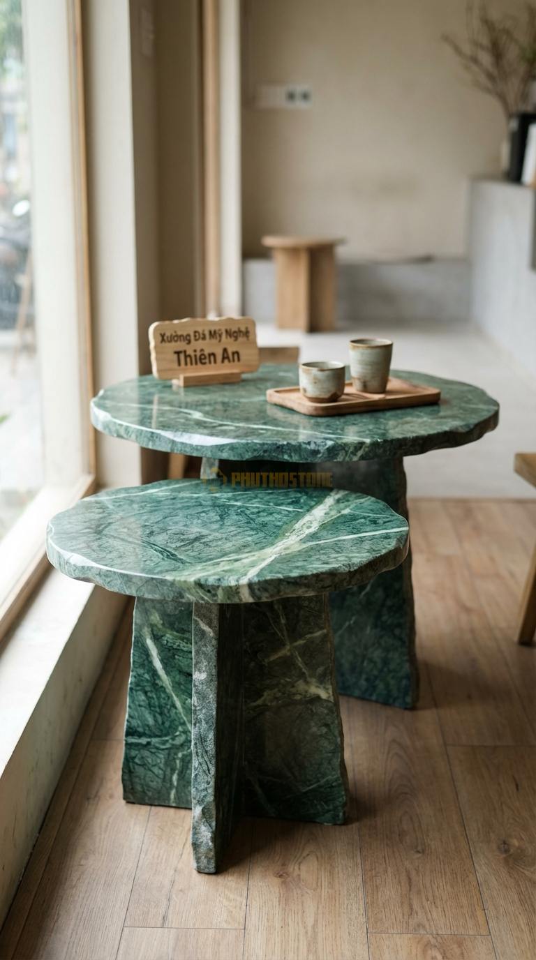 Bàn Cafe Đá Decor & Bistro Đá Xanh Ấn Đôi Bạn: Bộ 2 bàn đá cao thấp lồng vào nhau ĐK 40cm/50cm x Cao 45/55cm